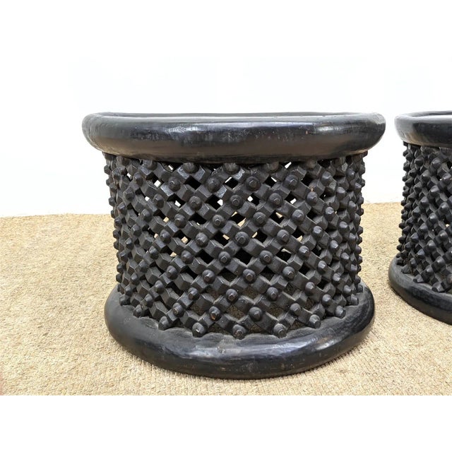Pair of Mid 20th Century Pierced Carved Wood Stools For Sale - Image 9 of 10