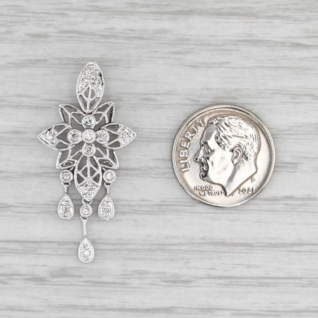 2010s 0.12ctw Diamond Filigree Ornate Pendant 18k White Gold Fring Drop For Sale - Image 5 of 5