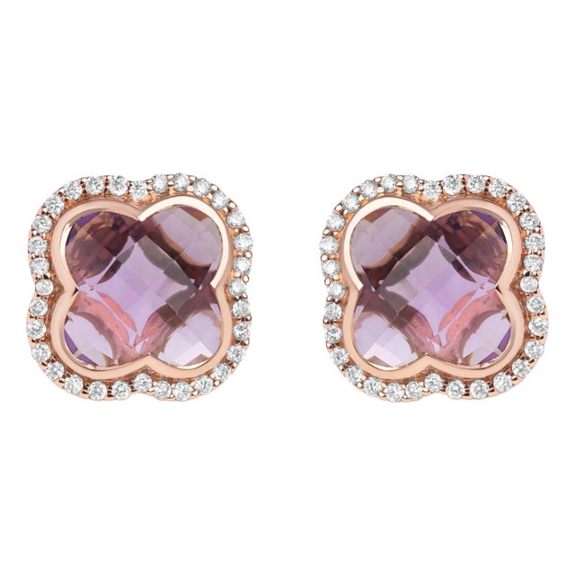 18K Rose Gold 3/8 Cttw Diamond and 11x11mm Clover-Cut Purple Amethyst Gemstone Clover Halo Stud Earr For Sale