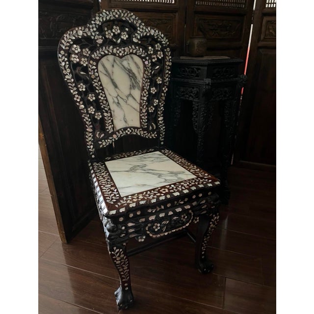 Vintage Chinese Rosewood Mother-of-Pearl Inlaid Dining Set – Rectangular Table + 6 Chairs With Marble Tops For Sale In Palm Springs - Image 6 of 12