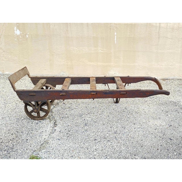 Antique Industrial Vintage Oak Wood and Steel Metal Factory Hand Truck For Sale - Image 10 of 12