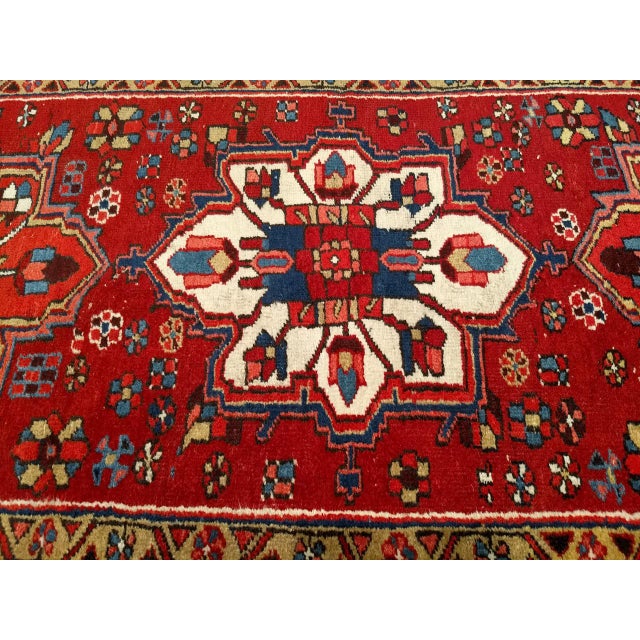 Vintage Persian Heriz Wide Runner, Hand-Knotted Wool, Geometric Design, Red & Navy, 4x12 For Sale - Image 4 of 18