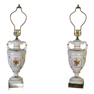 1950s Sevres Style Gold Gilt Floral Motif Porcelain Urn Lamps - Pair For Sale