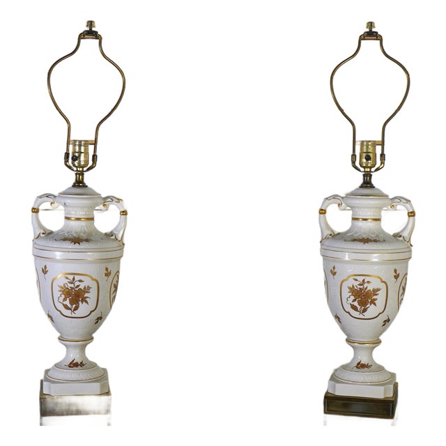 1950s Sevres Style Gold Gilt Floral Motif Porcelain Urn Lamps - Pair For Sale