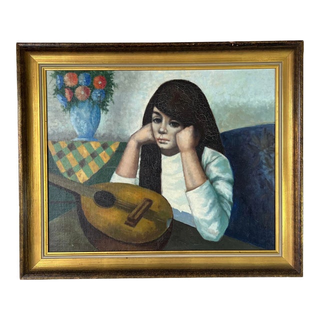 1960's Abati Young Woman With Mandolin Oil Painting, Framed For Sale