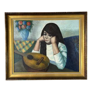 1960's Abati Young Woman With Mandolin Oil Painting, Framed