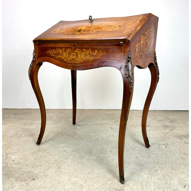 French Antique French Louis XV Style Ormolu Mounted Marquetry Inlaid Slant Front Ladies Desk For Sale - Image 3 of 12