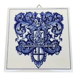 Dutch Delft Heraldic Tile in Blue and White For Sale