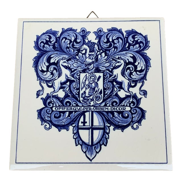Dutch Delft Heraldic Tile in Blue and White For Sale
