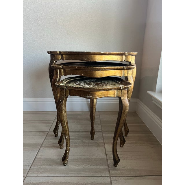 Vintage Florentine Wooden Nesting Table Made in Italy Gold gilded Set of 3 tables Table shape: triangular Large - 21.5”...