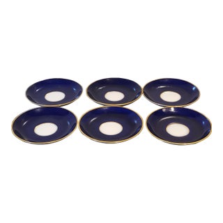 Antique Minton Blue Gold Rimmed Porcelain Saucers - Set of 6 For Sale