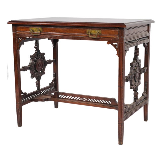 1880s English Aesthetic Movement Mahogany Writing Desk With Pierced Geometric Carving For Sale