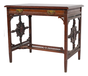 1880s English Aesthetic Movement Mahogany Writing Desk With Pierced Geometric Carving