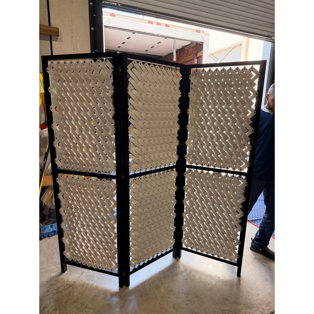 Contemporary Pinetti Screen With Cream Woven Leather and Black Frame For Sale - Image 3 of 6