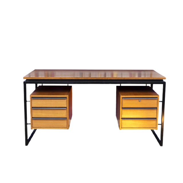 Oak and Lacquered Metal Desk, 1970s For Sale