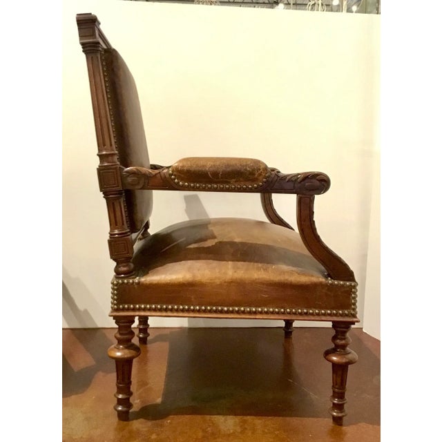 Antique Carved Wood Brown Leather Arm Chairs - a Pair For Sale In Atlanta - Image 6 of 12