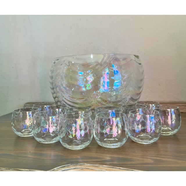 Vintage-Mid Century Draping Iridescent Glass 13 Piece Punch Bowl Set For Sale - Image 6 of 9