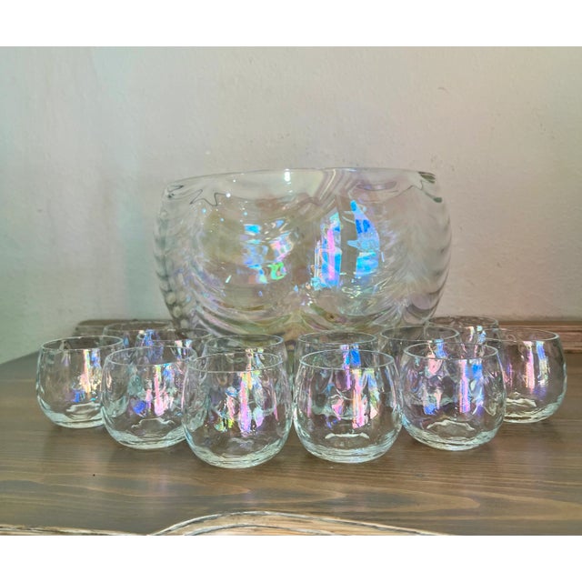 Vintage-Mid Century Draping Iridescent Glass 14 Piece Punch Bowl Set-Includes Glass Ladle Not Pictured For Sale - Image 6 of 9