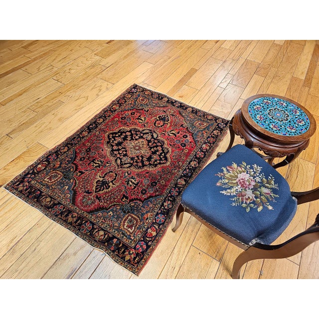 Persian Vintage Sarouk Area Rug, Hand-Knotted Wool, Floral Medallion, 3x5, Red & Turquoise For Sale - Image 3 of 14