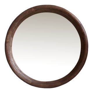 Large Round Wood Walnut Brown Wall Mirror For Sale