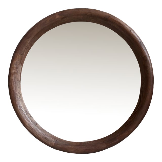 Large Round Wood Walnut Brown Wall Mirror For Sale