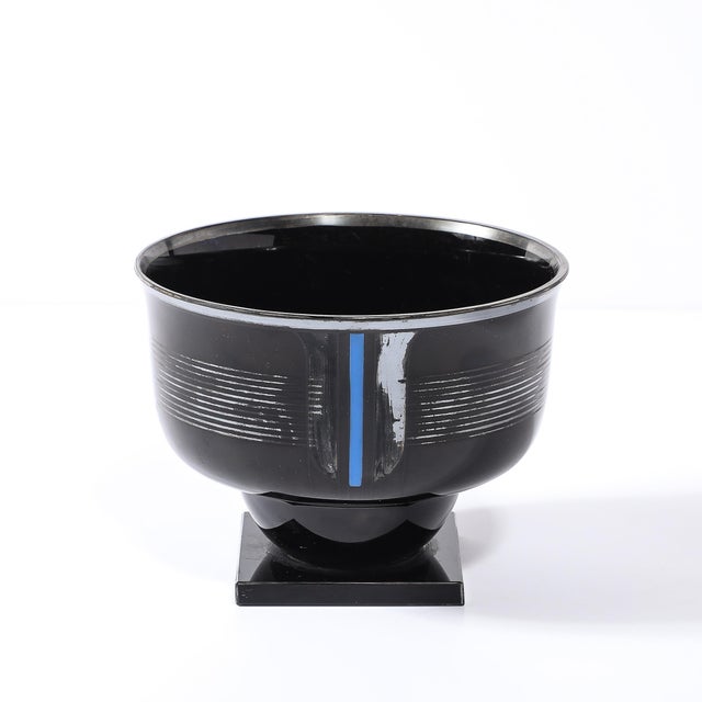 Art Deco Silvered Black Glass Linear Detailed Bowl Signed Hem by Michel Herman For Sale - Image 11 of 15