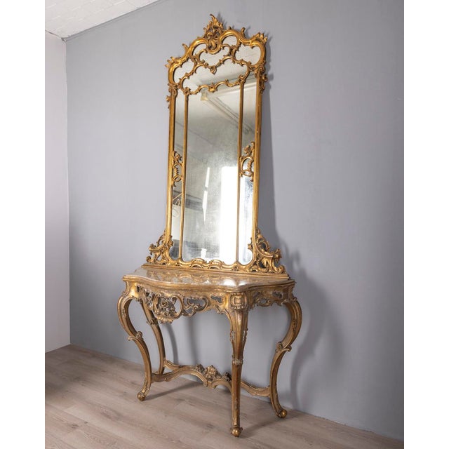 Antique Console Table with Mirror in Decorated Wood, 1890s For Sale - Image 12 of 18