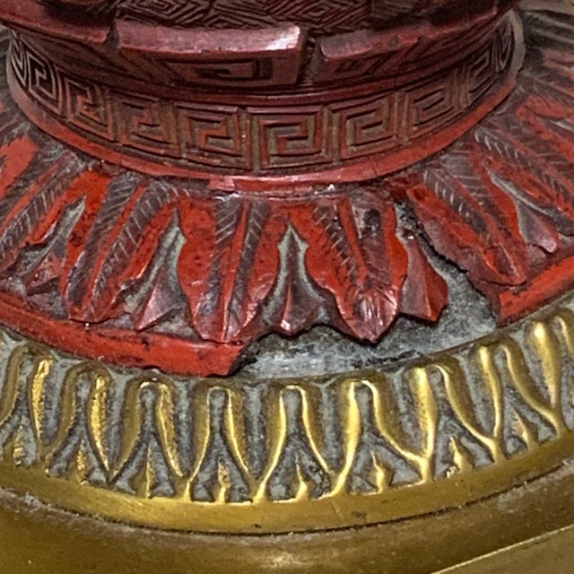 Metal Vintage Hand-Carved Chinese Cinnabar Lacquer Lamp With Brass Base and Agate Finial For Sale - Image 7 of 10