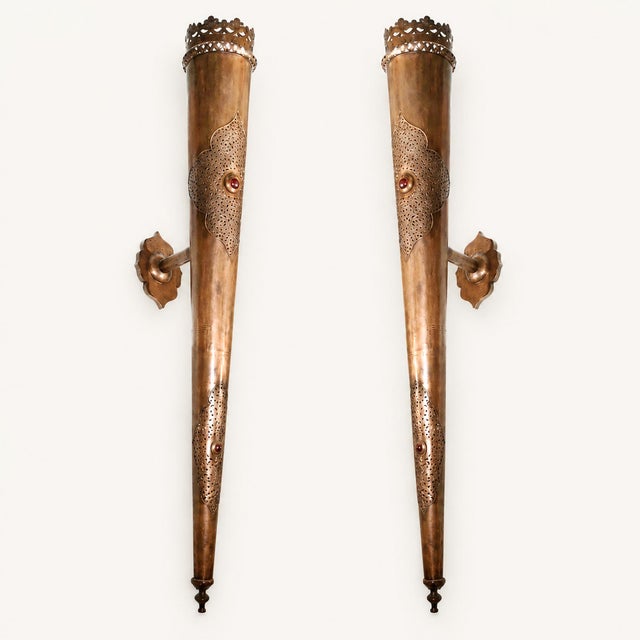 Moroccan Moorish Wall Brass Torchiere Sconces Oversized 6 Ft Tall For Sale - Image 4 of 13