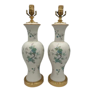 Mid-Century Japanese Porcelain Floral Table Lamps - a Pair