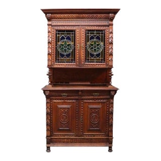 English Jacobean Carved Oak Sideboard With Ornate Stained Glass C1900 For Sale