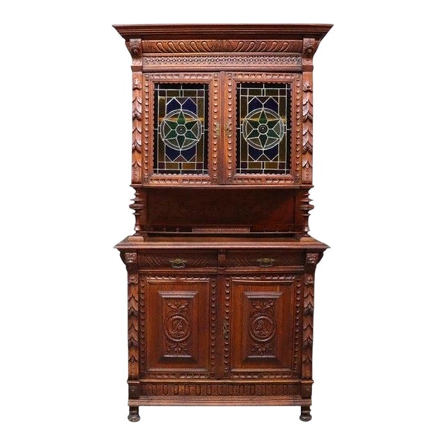 English Jacobean Carved Oak Sideboard With Ornate Stained Glass C1900 For Sale