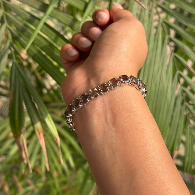 Brown 6x6 Mm Cushion Cut Smoky Topaz Tennis Bracelet in 925 Silver by Caratandher For Sale - Image 8 of 11