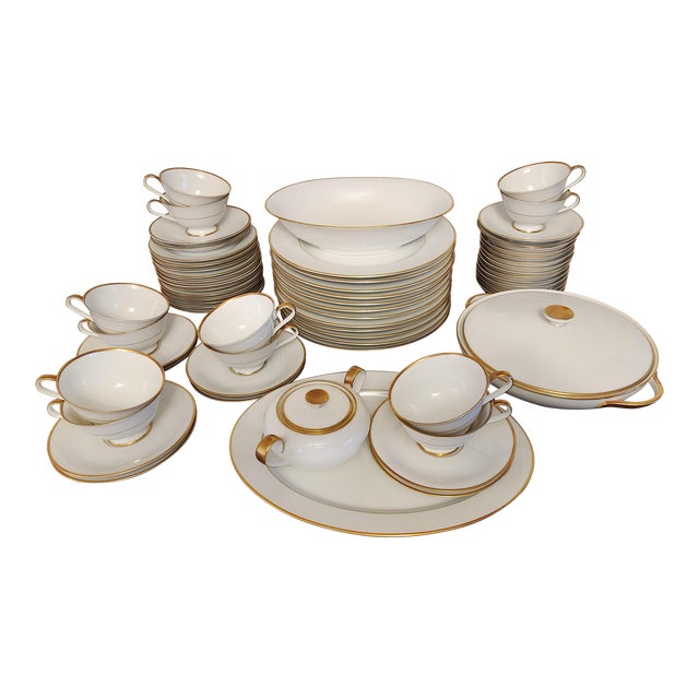 Antique H & C Selb Bavaria Germany Heinrich Anmut 14092 White & Gold Discontinued Dinnerware Service for Twelve- 66 Pieces For Sale