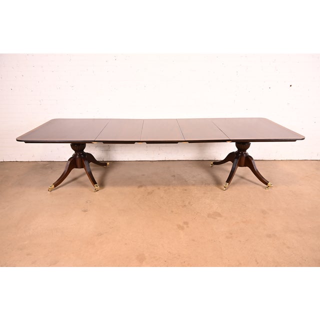 English Baker Furniture Style Georgian Banded Mahogany Double Pedestal Extension Dining Table, Newly Refinished For Sale - Image 3 of 15