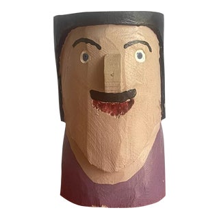 1990s Jm Poirier Outsider Folk Art Head Painted Wood Carving Nova Scotia Quebec Canada For Sale