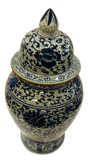 Asian Blue and White Covered Jar With Crackle Finish