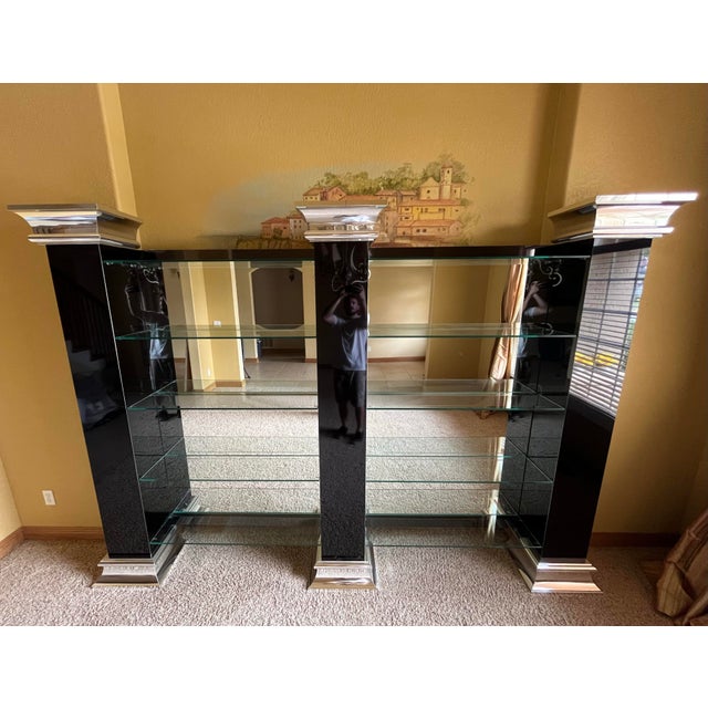 Contemporary Monumental Black and Chrome Mirrored Glass Bookcase or Display Wall Unit For Sale - Image 3 of 12
