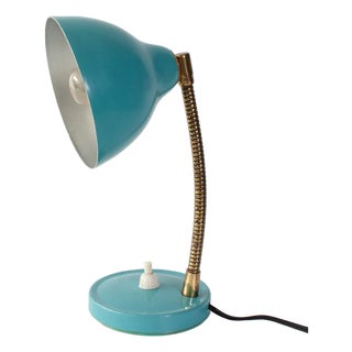 Mid-Century Italian Blue Cocotte Table Lamp with Brass Goose Neck, 1950s For Sale