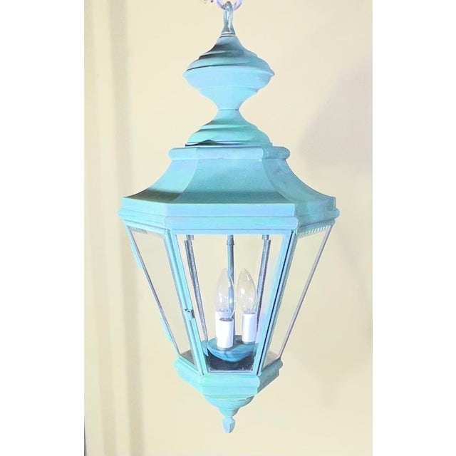 Vintage Solid Brass Hanging Lantern Hexagonal 3-Light Pendant With Verdigris For Sale - Image 9 of 14