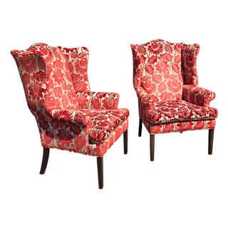 Pair of Late 20th Century Custom Upholstered Wingback Armchairs in Red and Ivory Floral Cut Velvet For Sale