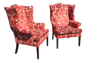 Pair of Late 20th Century Custom Upholstered Wingback Armchairs in Red and Ivory Floral Cut Velvet