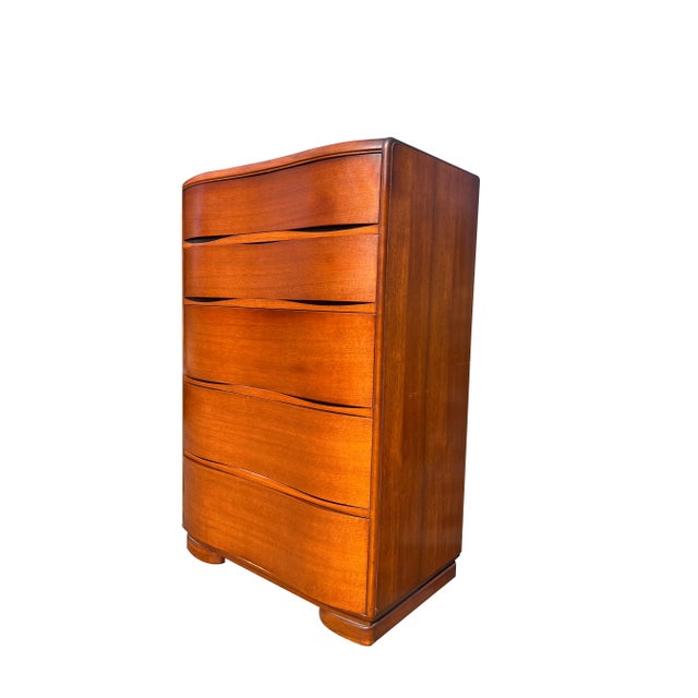 Wood 1930s Antique Deco Style Curved Wavefront Tall Dresser Chest of Drawers For Sale - Image 7 of 9