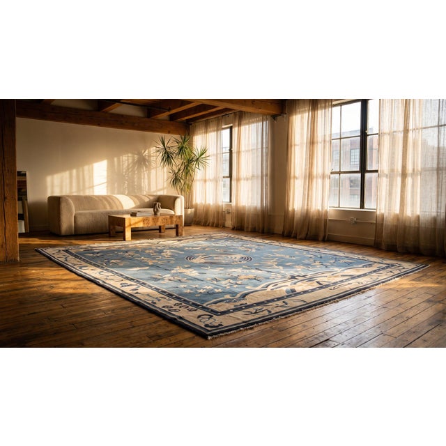 1930s Blue Floral Medallion Antique Chinese Peking Rug 15' 6" X 18' 3" Hand Knotted Wool Carpet For Sale - Image 9 of 9
