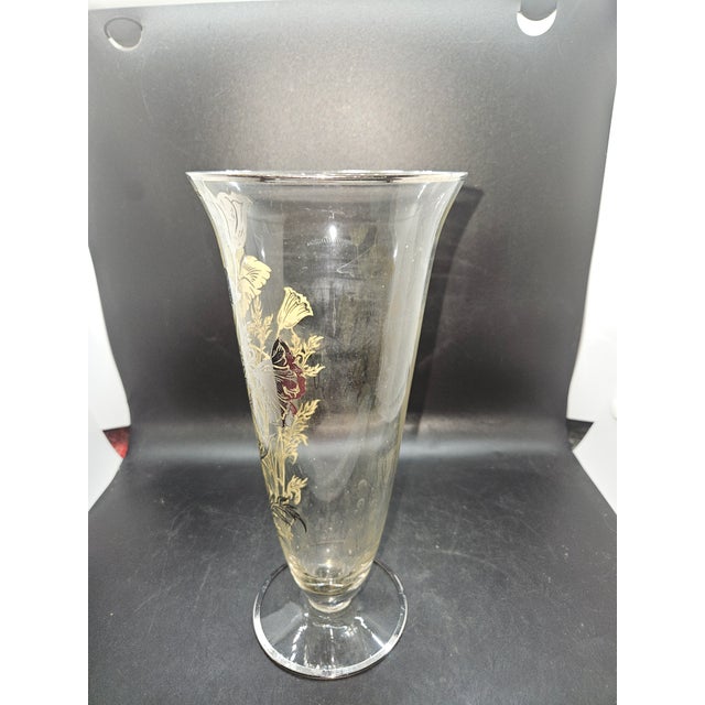 Mid-Century Modern Vintage Sterling Overlay Glass Trumpet Vase Elegant Floral Design 9 3/4” Tall For Sale - Image 3 of 5