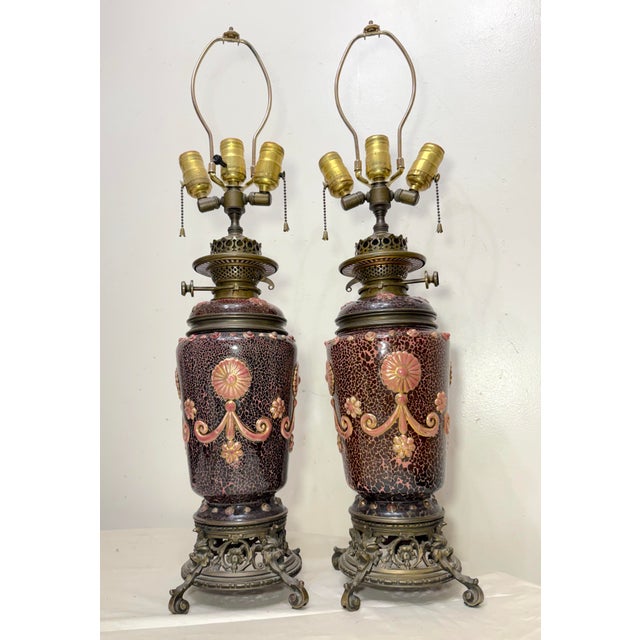Rare Pair Antique 19th Century Hinks & Son Duplex Electrified Porcelain Bronze Oil Lamp For Sale - Image 4 of 15