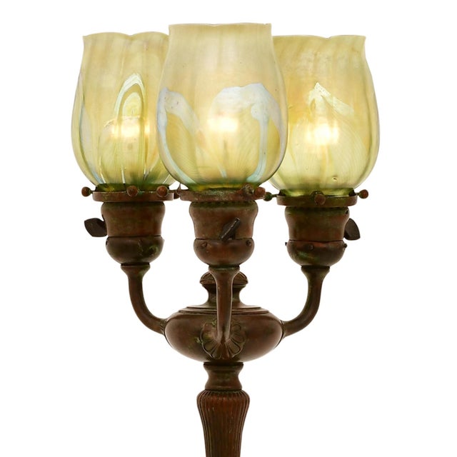 Antique Tiffany Studios Three-Light Favrile Glass Lamp "Pulled Feather Shades" For Sale In New York - Image 6 of 12