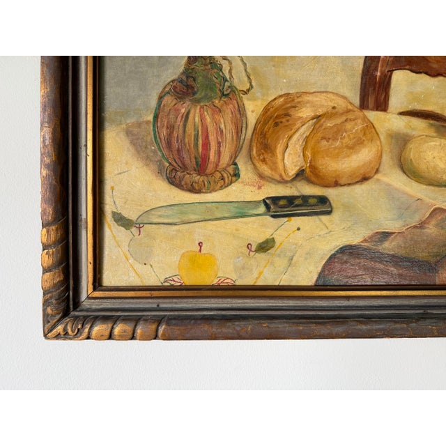Brown 1949 Vintage Still Life Kitchen Setting Oil on Board Painting, Wood Framed For Sale - Image 8 of 12
