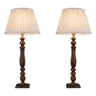 Vintage Turned Wood Table Lamps with Pleated Shades, France, 1970s, Set of 2 For Sale