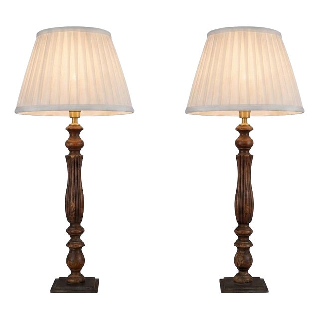 Vintage Turned Wood Table Lamps with Pleated Shades, France, 1970s, Set of 2 For Sale